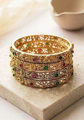 Green Set of 4 Gold-Plated Temple Stone Studded & Beaded Bangle for Women | Traditional Temple Jewellery for Wedding & Festive Wear | Gift for Her