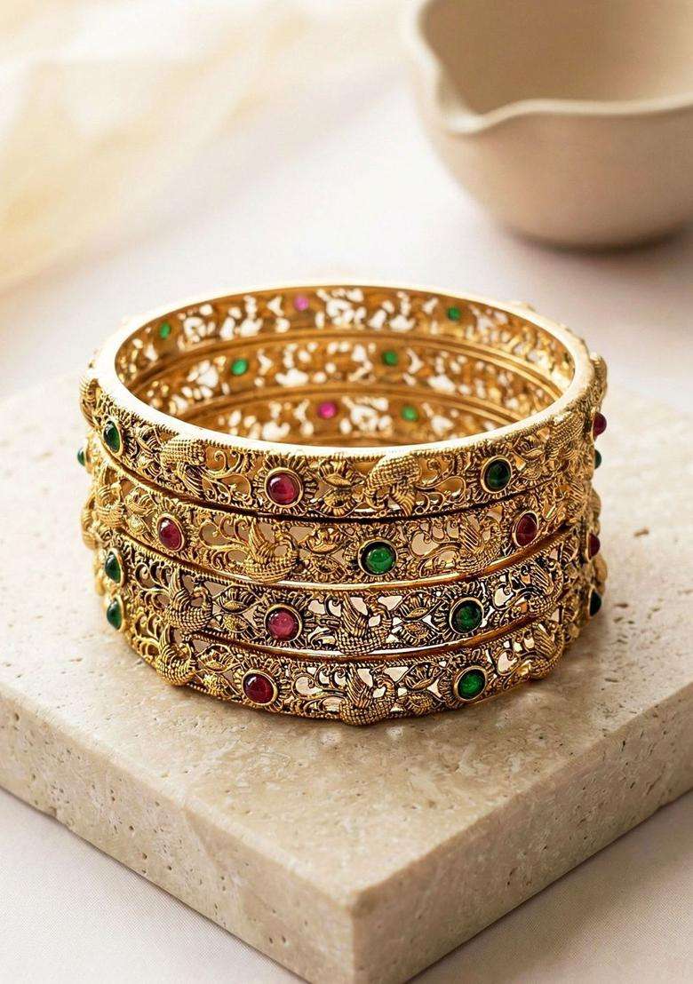 Green Set of 4 Gold-Plated Temple Stone Studded & Beaded Bangle for Women | Traditional Temple Jewellery for Wedding & Festive Wear | Gift for Her - Indya