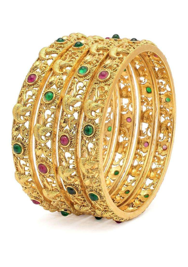 Green Set of 4 Gold-Plated Temple Stone Studded & Beaded Bangle for Women | Traditional Temple Jewellery for Wedding & Festive Wear | Gift for Her - Indya