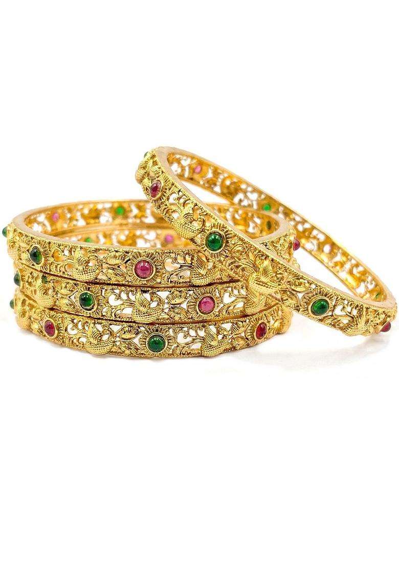 Green Set of 4 Gold-Plated Temple Stone Studded & Beaded Bangle for Women | Traditional Temple Jewellery for Wedding & Festive Wear | Gift for Her - Indya