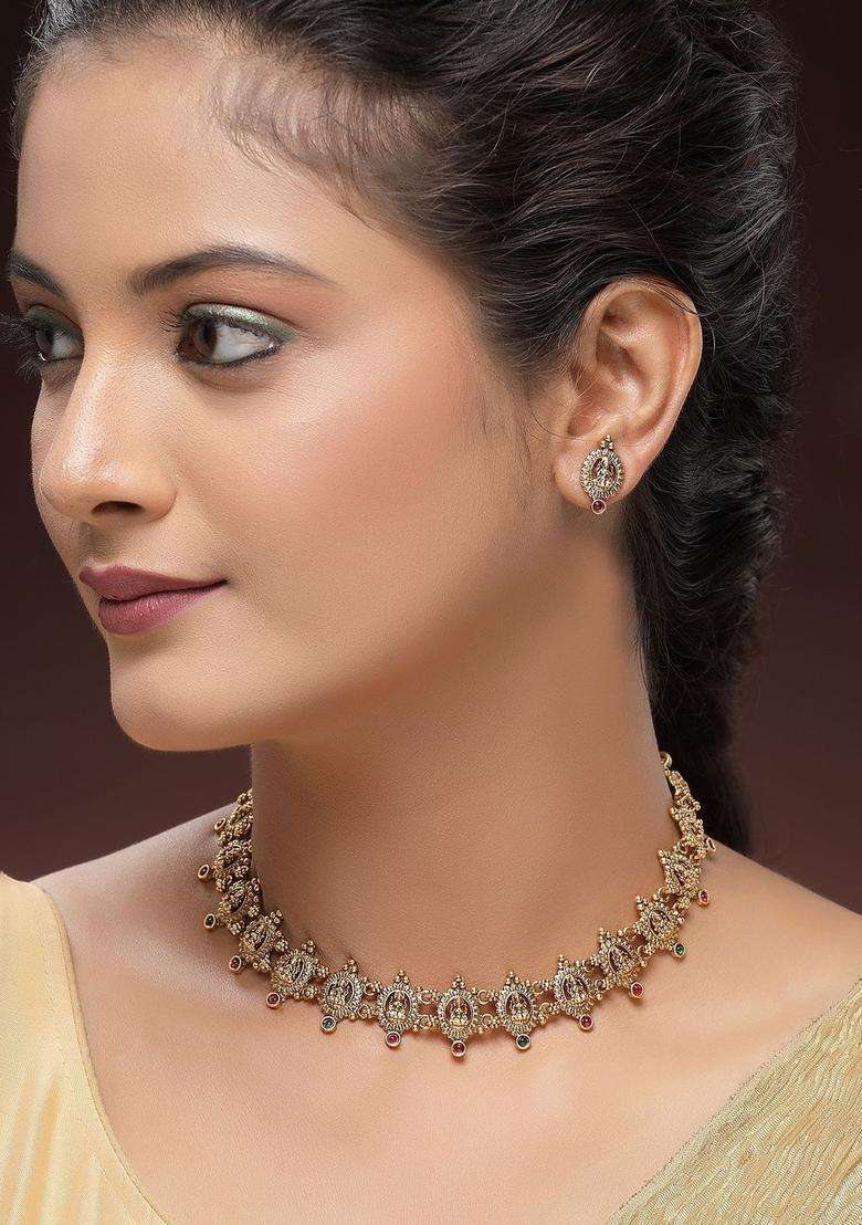 Gold-Plated Stone Studded Goddess Laxmi Mata Coin Temple Jewellery Set for Women | Traditional Temple Jewellery for Wedding & Festive Wear | Gift for Her - Indya