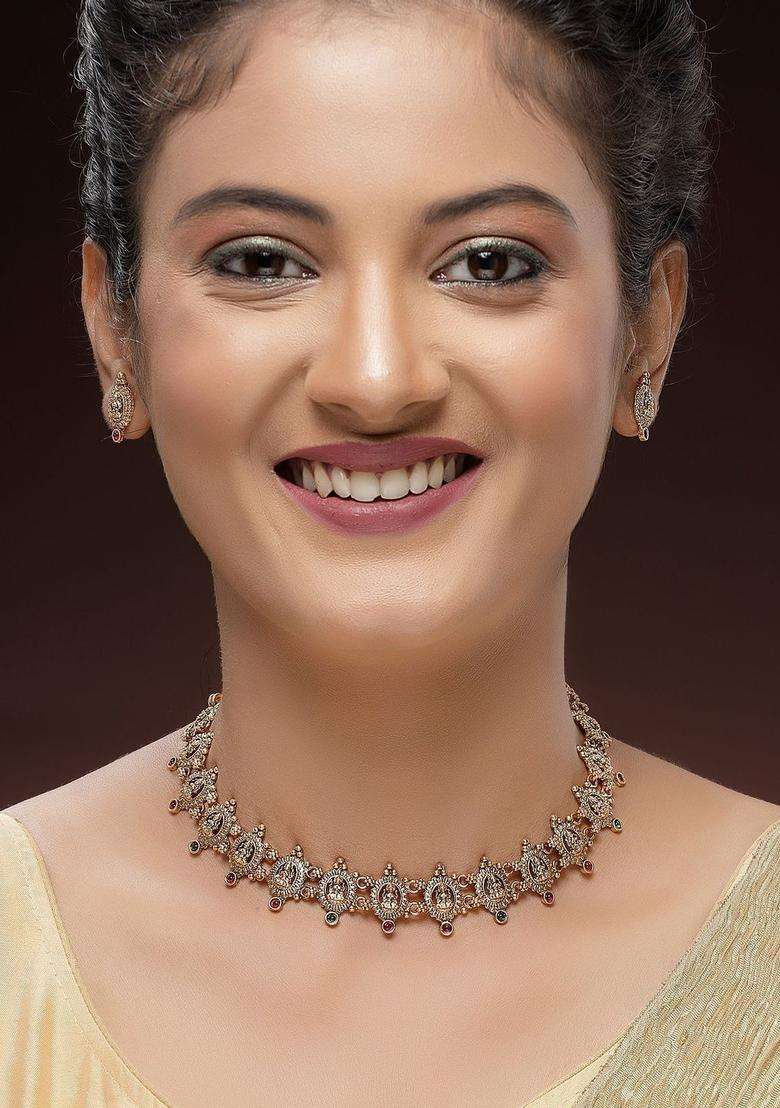 Gold-Plated Stone Studded Goddess Laxmi Mata Coin Temple Jewellery Set for Women | Traditional Temple Jewellery for Wedding & Festive Wear | Gift for Her - Indya