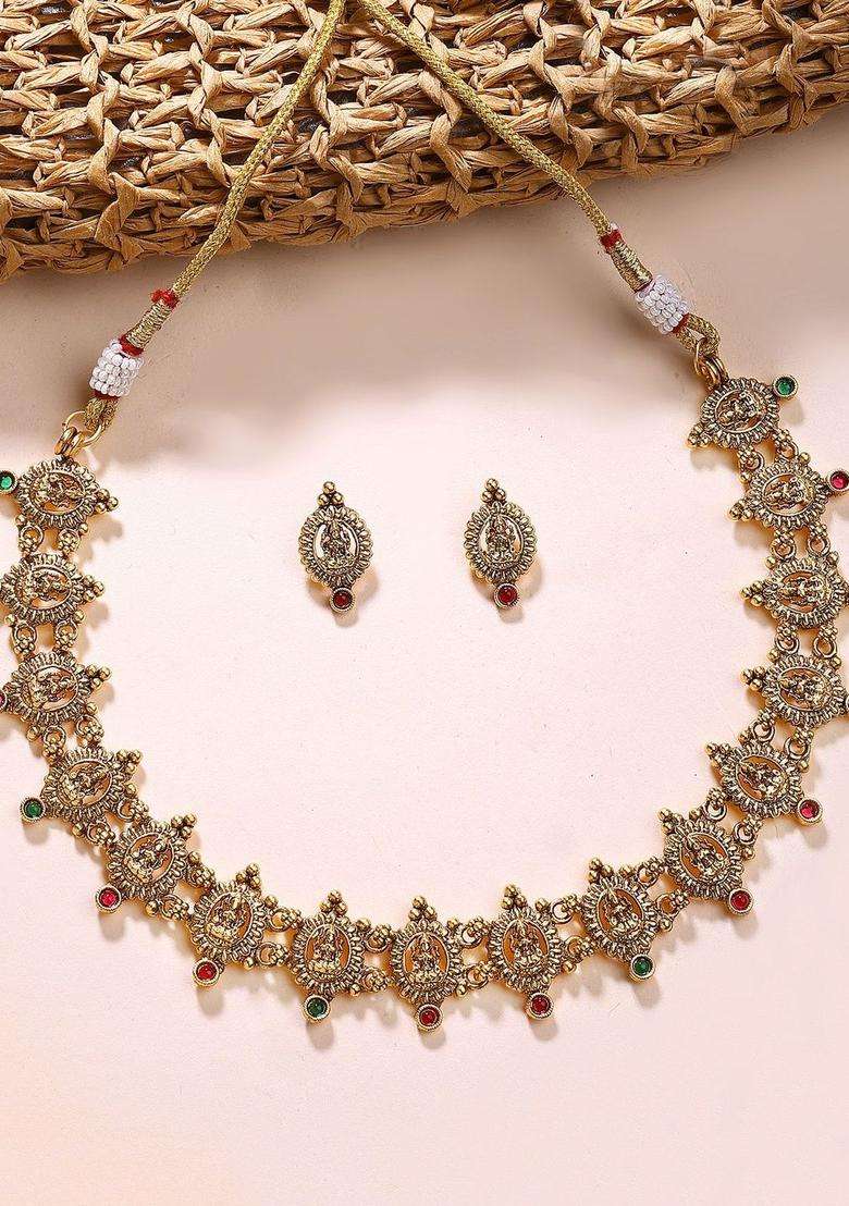 Gold-Plated Stone Studded Goddess Laxmi Mata Coin Temple Jewellery Set for Women | Traditional Temple Jewellery for Wedding & Festive Wear | Gift for Her - Indya