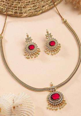 Red Gold-Plated American Diamond Studded Temple Necklace and Earrings Jewellery Set for Women | Traditional Temple Jewellery for Wedding & Festive Wear | Gift for Her