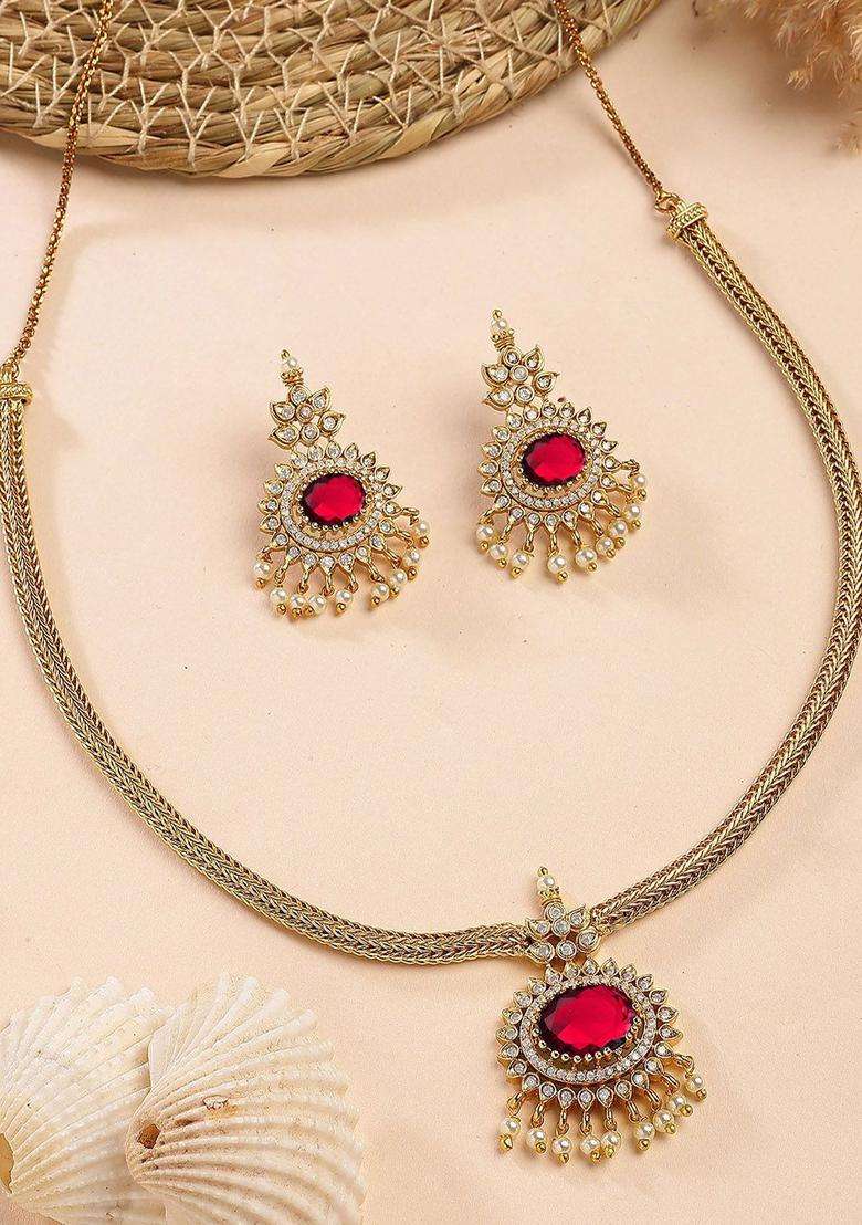 Red Gold-Plated American Diamond Studded Temple Necklace and Earrings Jewellery Set for Women | Traditional Temple Jewellery for Wedding & Festive Wear | Gift for Her - Indya