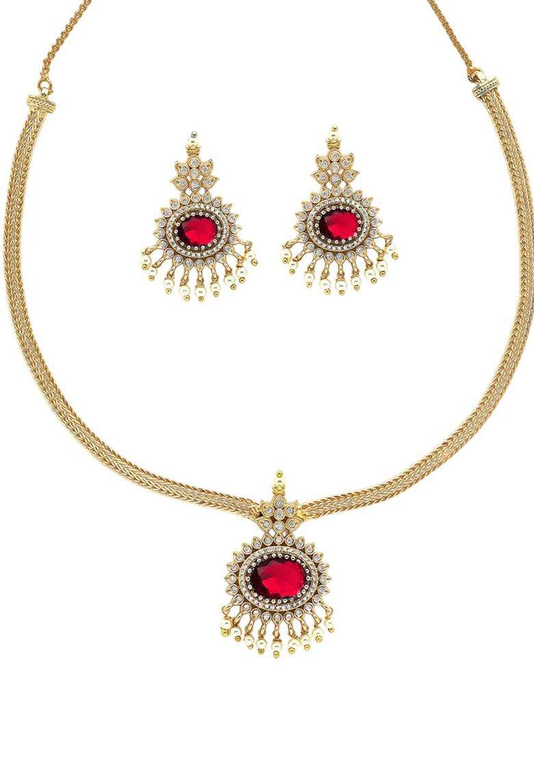 Red Gold-Plated American Diamond Studded Temple Necklace and Earrings Jewellery Set for Women | Traditional Temple Jewellery for Wedding & Festive Wear | Gift for Her - Indya