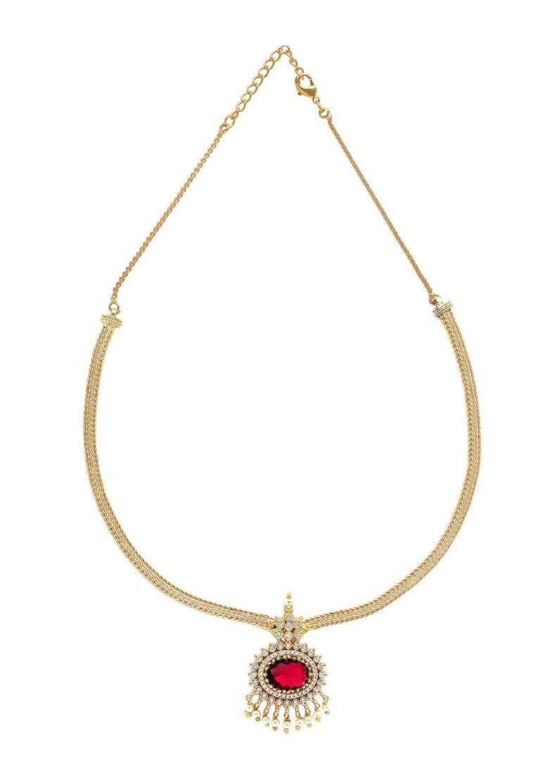 Red Gold-Plated American Diamond Studded Temple Necklace and Earrings Jewellery Set for Women | Traditional Temple Jewellery for Wedding & Festive Wear | Gift for Her - Indya
