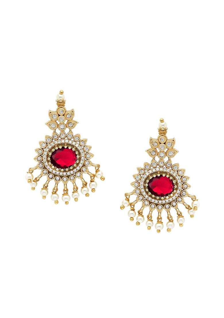Red Gold-Plated American Diamond Studded Temple Necklace and Earrings Jewellery Set for Women | Traditional Temple Jewellery for Wedding & Festive Wear | Gift for Her - Indya