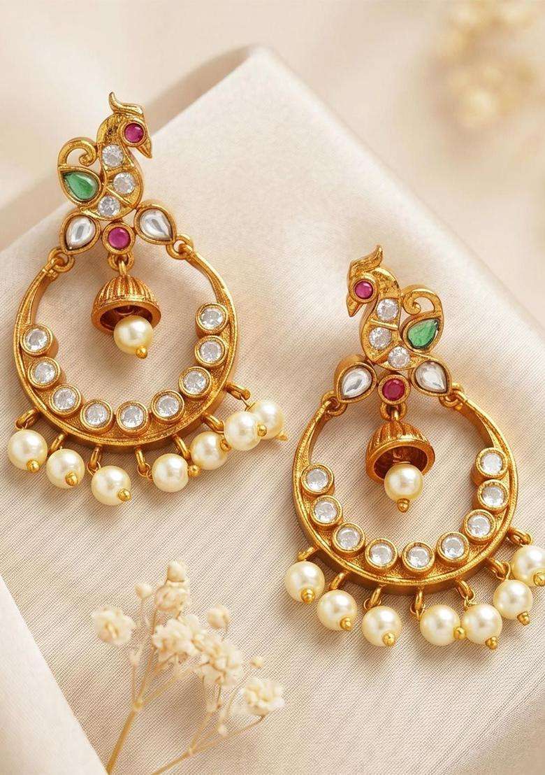 Gold-Plated Drop Pearl Traditional Earrings for Women | Traditional Temple Jewellery for Wedding & Festive Wear | Gift for Her - Indya