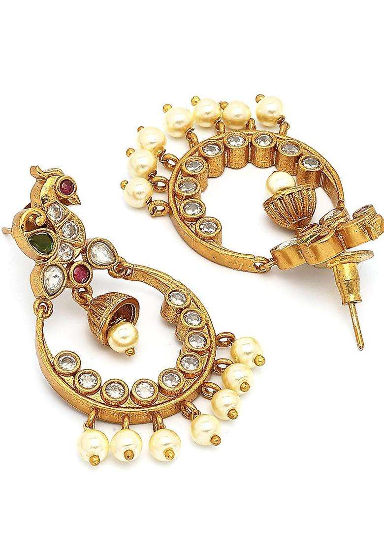 Gold-Plated Drop Pearl Traditional Earrings for Women | Traditional Temple Jewellery for Wedding & Festive Wear | Gift for Her - Indya