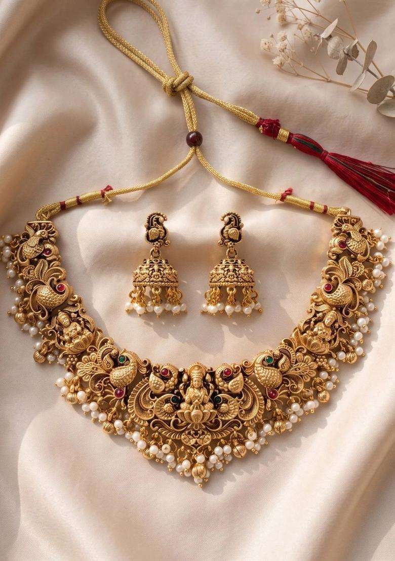 Gold-Plated Temple Stone-Studded Necklace and Earrings for Women | Traditional Temple Jewellery for Wedding & Festive Wear | Gift for Her - Indya