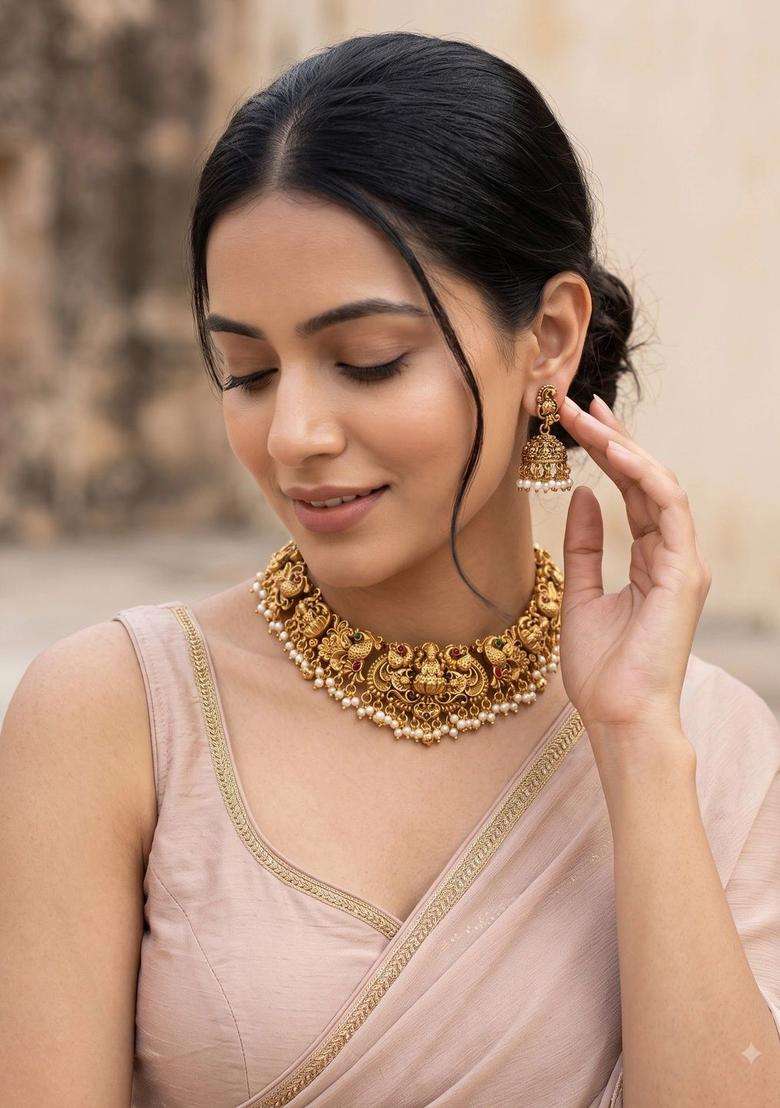 Gold-Plated Temple Stone-Studded Necklace and Earrings for Women | Traditional Temple Jewellery for Wedding & Festive Wear | Gift for Her - Indya