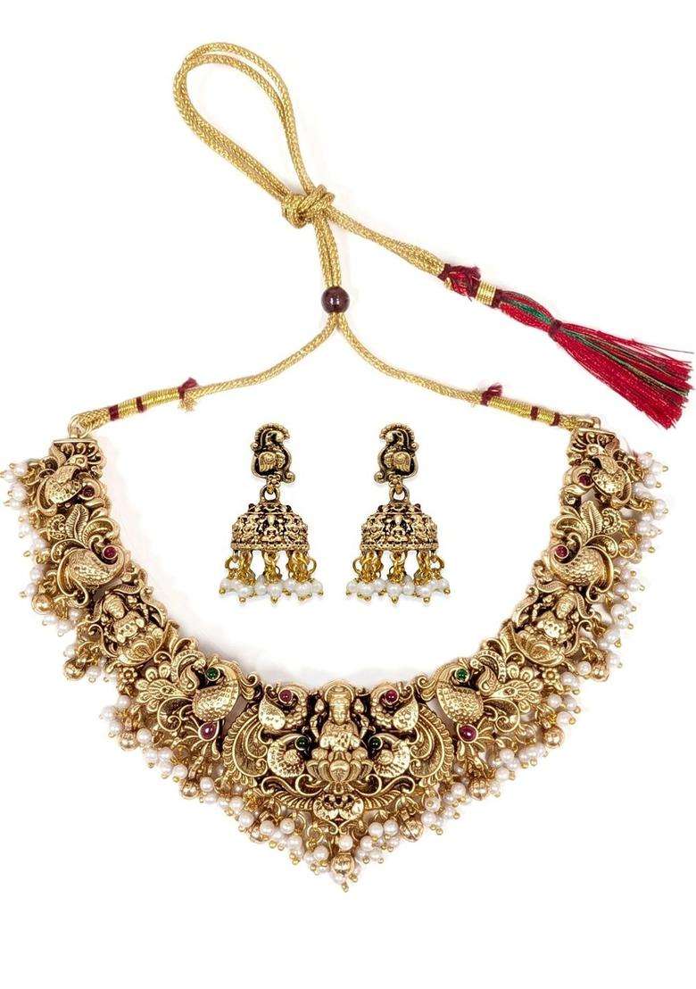 Gold-Plated Temple Stone-Studded Necklace and Earrings for Women | Traditional Temple Jewellery for Wedding & Festive Wear | Gift for Her - Indya