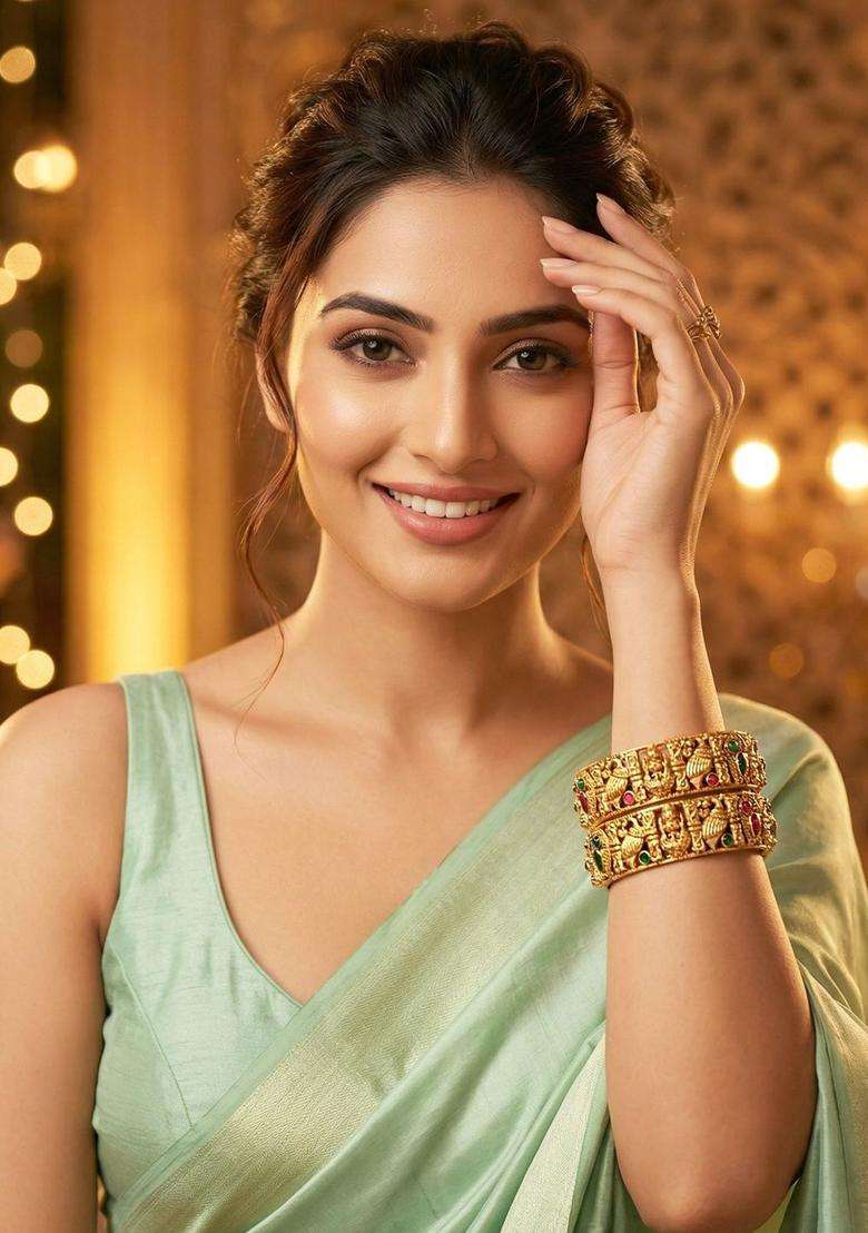 Green Set of 2 Gold-Plated Temple Stone Studded & Beaded Traditional Bangle for Women | Traditional Temple Jewellery for Wedding & Festive Wear | Gift for Her - Indya