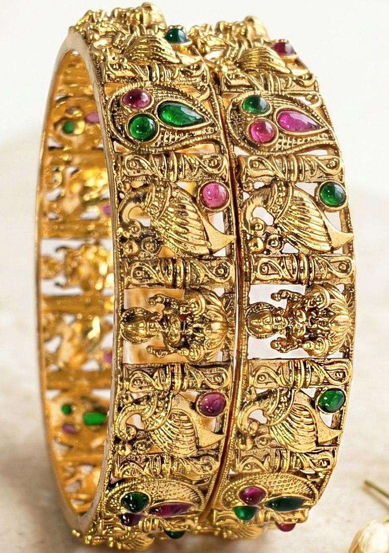 Green Set of 2 Gold-Plated Temple Stone Studded & Beaded Traditional Bangle for Women | Traditional Temple Jewellery for Wedding & Festive Wear | Gift for Her - Indya