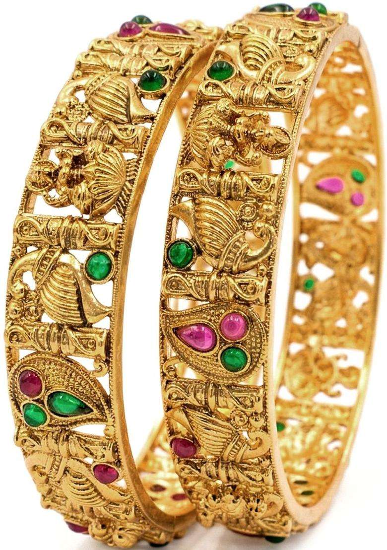 Green Set of 2 Gold-Plated Temple Stone Studded & Beaded Traditional Bangle for Women | Traditional Temple Jewellery for Wedding & Festive Wear | Gift for Her - Indya
