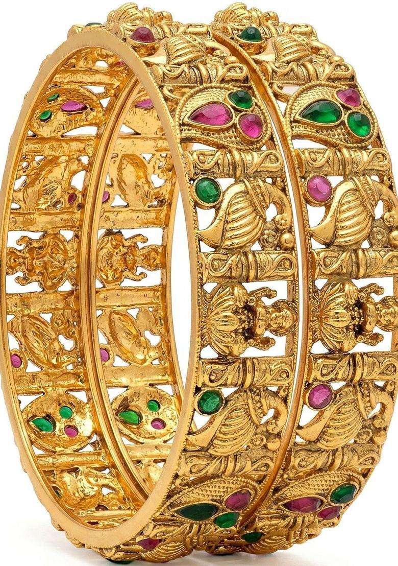 Green Set of 2 Gold-Plated Temple Stone Studded & Beaded Traditional Bangle for Women | Traditional Temple Jewellery for Wedding & Festive Wear | Gift for Her - Indya