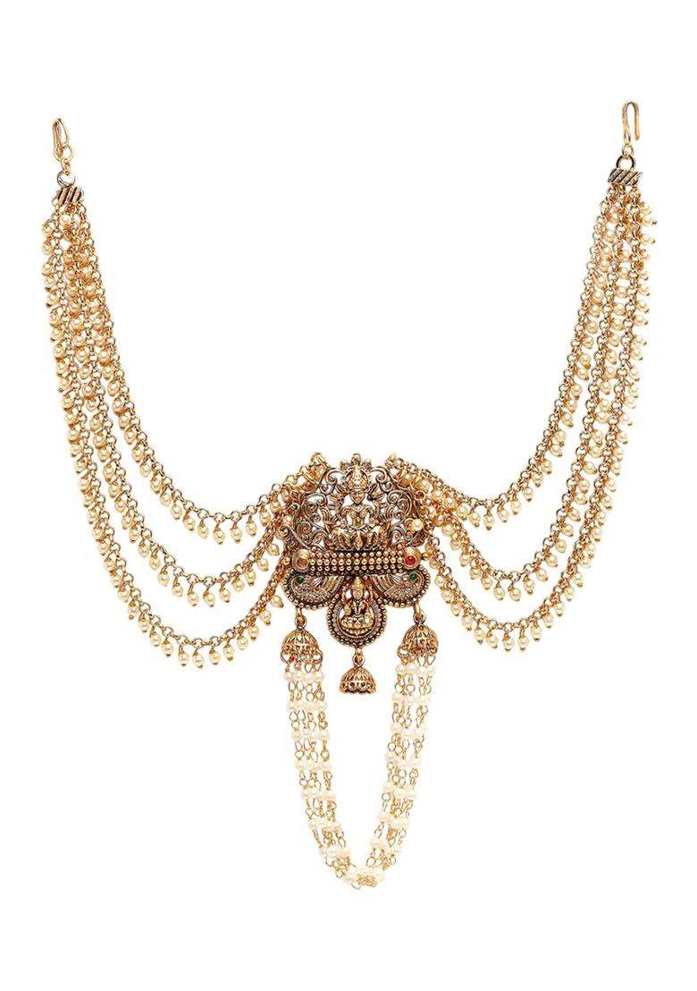Gold-Plated Stones Studded Laxmi Mata Temple Bun Pin Head Jewellery for Women | Traditional Temple Jewellery for Wedding & Festive Wear | Gift for Her - Indya
