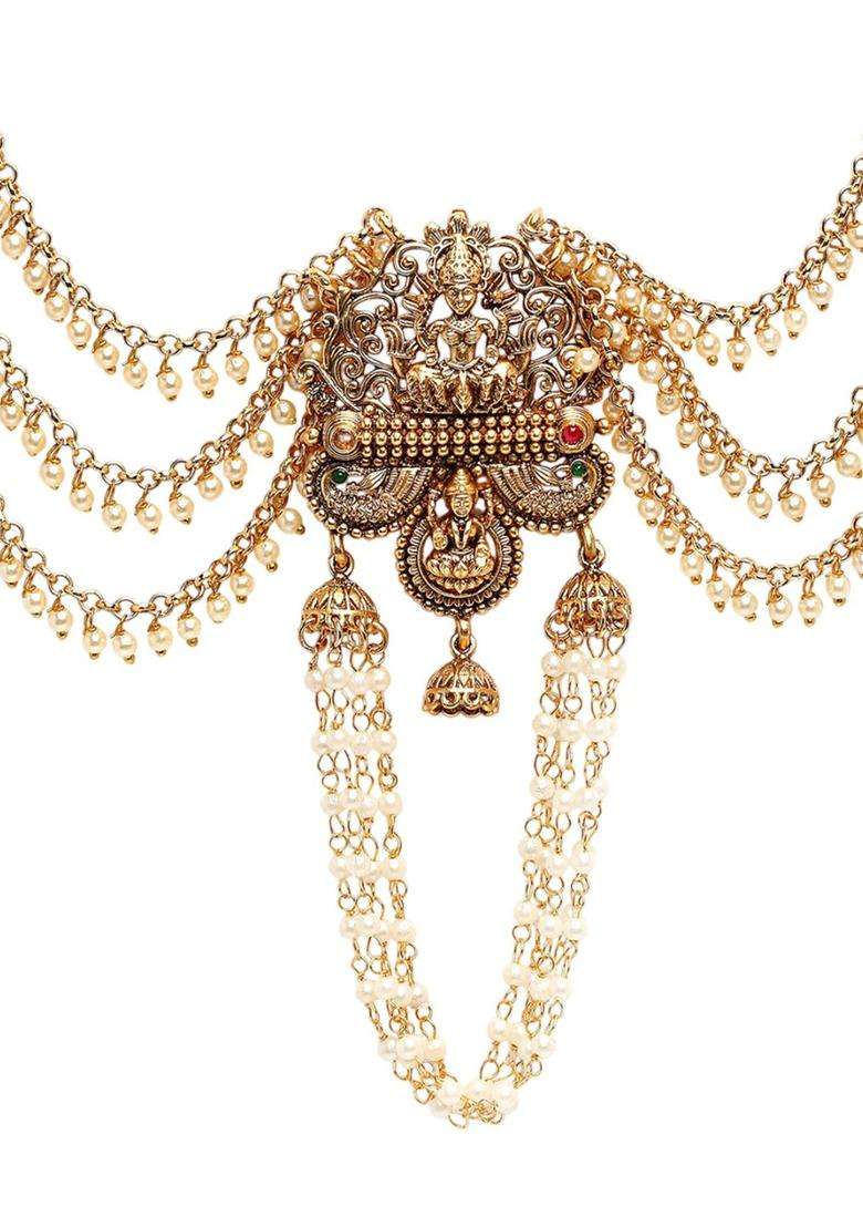 Gold-Plated Stones Studded Laxmi Mata Temple Bun Pin Head Jewellery for Women | Traditional Temple Jewellery for Wedding & Festive Wear | Gift for Her - Indya