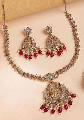 Gold-Plated Stones Studded Laxmi Mata Temple Necklace with Earring Set for Women | Traditional Temple Jewellery for Wedding & Festive Wear | Gift for Her