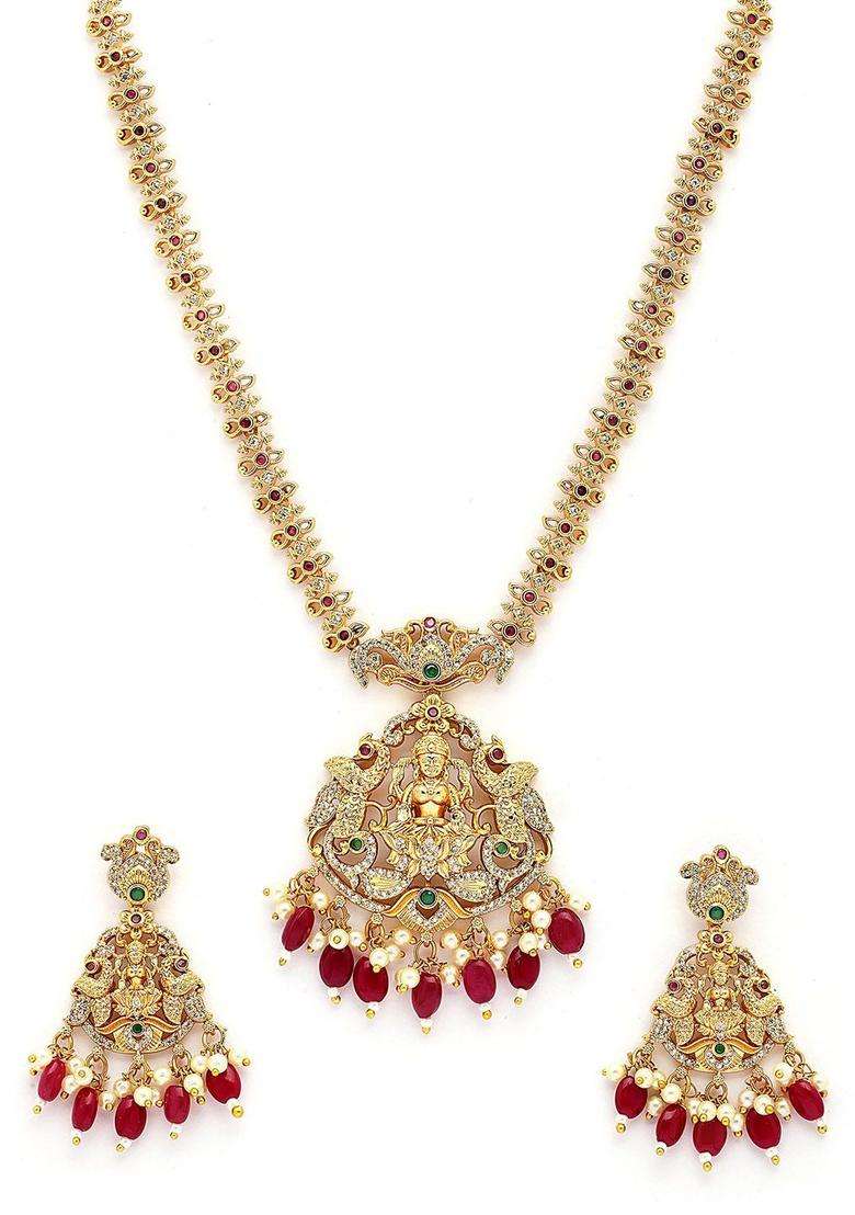Gold-Plated Stones Studded Laxmi Mata Temple Necklace with Earring Set for Women | Traditional Temple Jewellery for Wedding & Festive Wear | Gift for Her - Indya