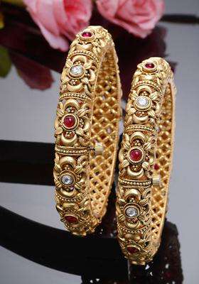 Set of 2 Gold-Plated White & Red Kundan-Studded Temple Bangles for Women | Traditional Temple Jewellery for Wedding & Festive Wear | Gift for Her