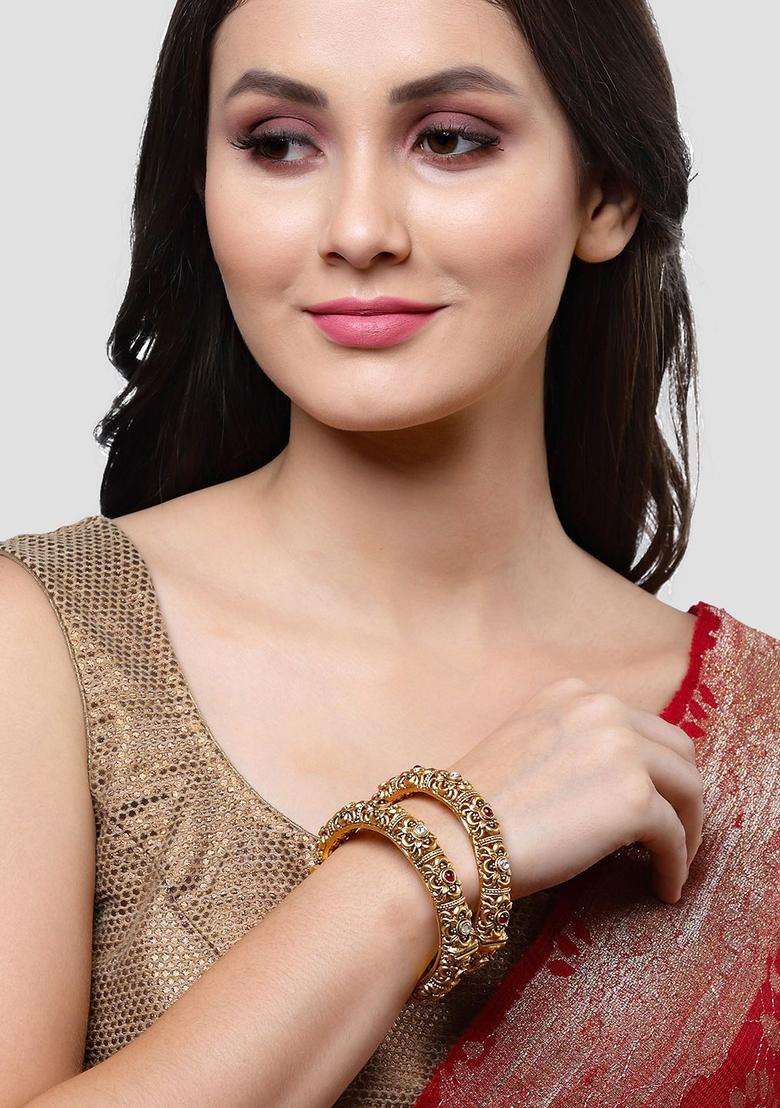 Set of 2 Gold-Plated White & Red Kundan-Studded Temple Bangles for Women | Traditional Temple Jewellery for Wedding & Festive Wear | Gift for Her - Indya