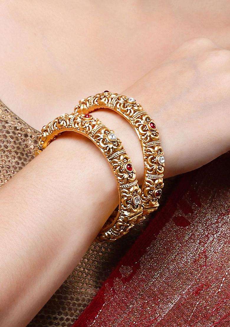 Set of 2 Gold-Plated White & Red Kundan-Studded Temple Bangles for Women | Traditional Temple Jewellery for Wedding & Festive Wear | Gift for Her - Indya