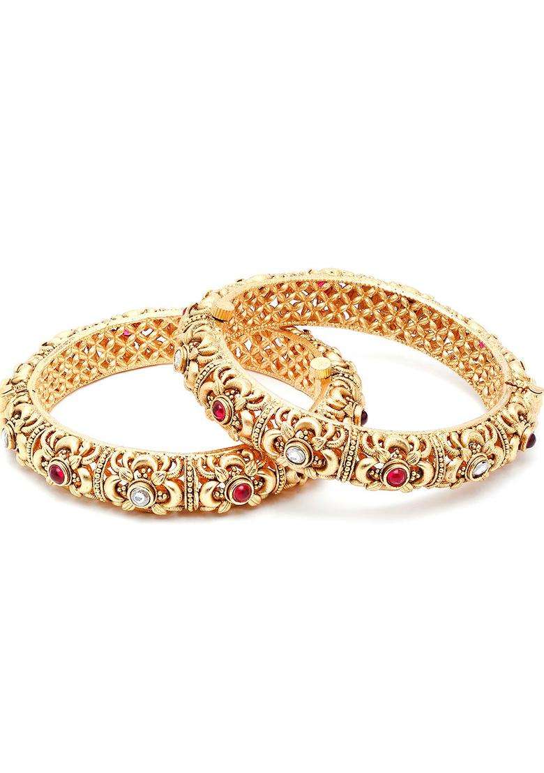 Set of 2 Gold-Plated White & Red Kundan-Studded Temple Bangles for Women | Traditional Temple Jewellery for Wedding & Festive Wear | Gift for Her - Indya