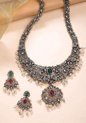 Gold-Plated Artificial Stones-Studded & Beaded Temple Jewellery Set for Women | Traditional Temple Jewellery for Wedding & Festive Wear | Gift for Her