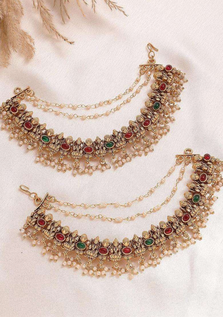 Gold-Plated Stones Laxmi Mata Kaanchain Contemporary Drop Earrings for Women | Traditional Temple Jewellery for Wedding & Festive Wear | Gift for Her - Indya