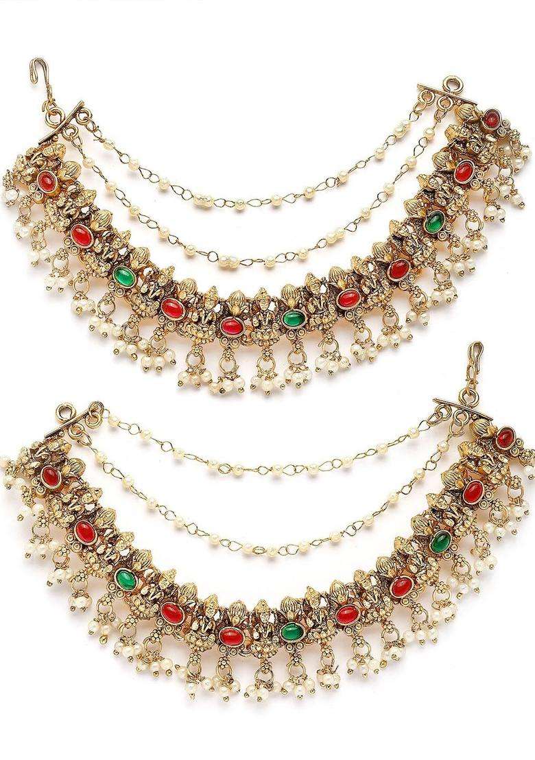 Gold-Plated Stones Laxmi Mata Kaanchain Contemporary Drop Earrings for Women | Traditional Temple Jewellery for Wedding & Festive Wear | Gift for Her - Indya