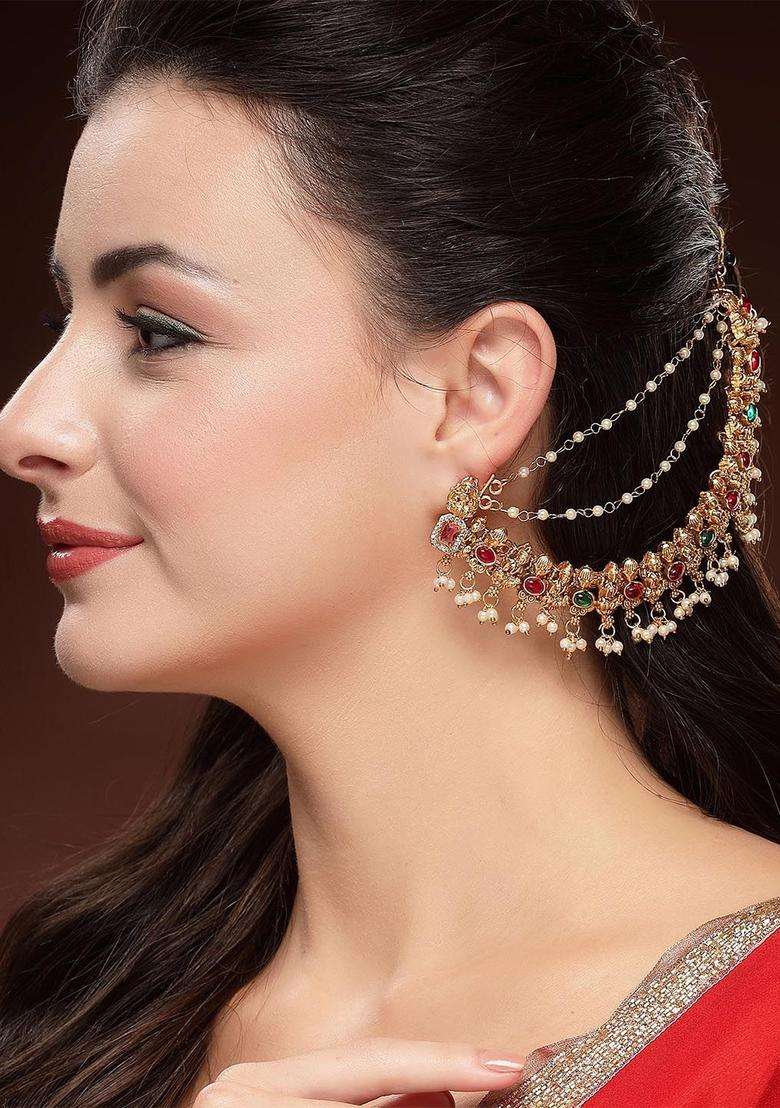 Gold-Plated Stones Laxmi Mata Kaanchain Contemporary Drop Earrings for Women | Traditional Temple Jewellery for Wedding & Festive Wear | Gift for Her - Indya