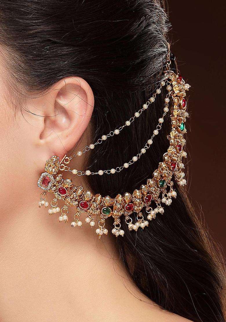 Gold-Plated Stones Laxmi Mata Kaanchain Contemporary Drop Earrings for Women | Traditional Temple Jewellery for Wedding & Festive Wear | Gift for Her - Indya