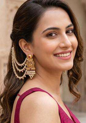 Gold-Plated Contemporary Kaanchain Beaded Temple Drop Pearl Earrings for Women | Traditional Temple Jewellery for Wedding & Festive Wear | Gift for Her