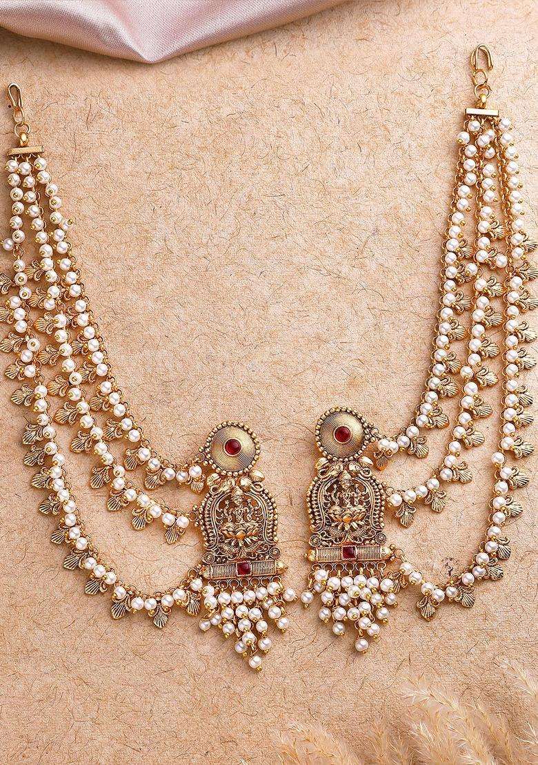 Gold-Plated Contemporary Kaanchain Beaded Temple Drop Pearl Earrings for Women | Traditional Temple Jewellery for Wedding & Festive Wear | Gift for Her - Indya