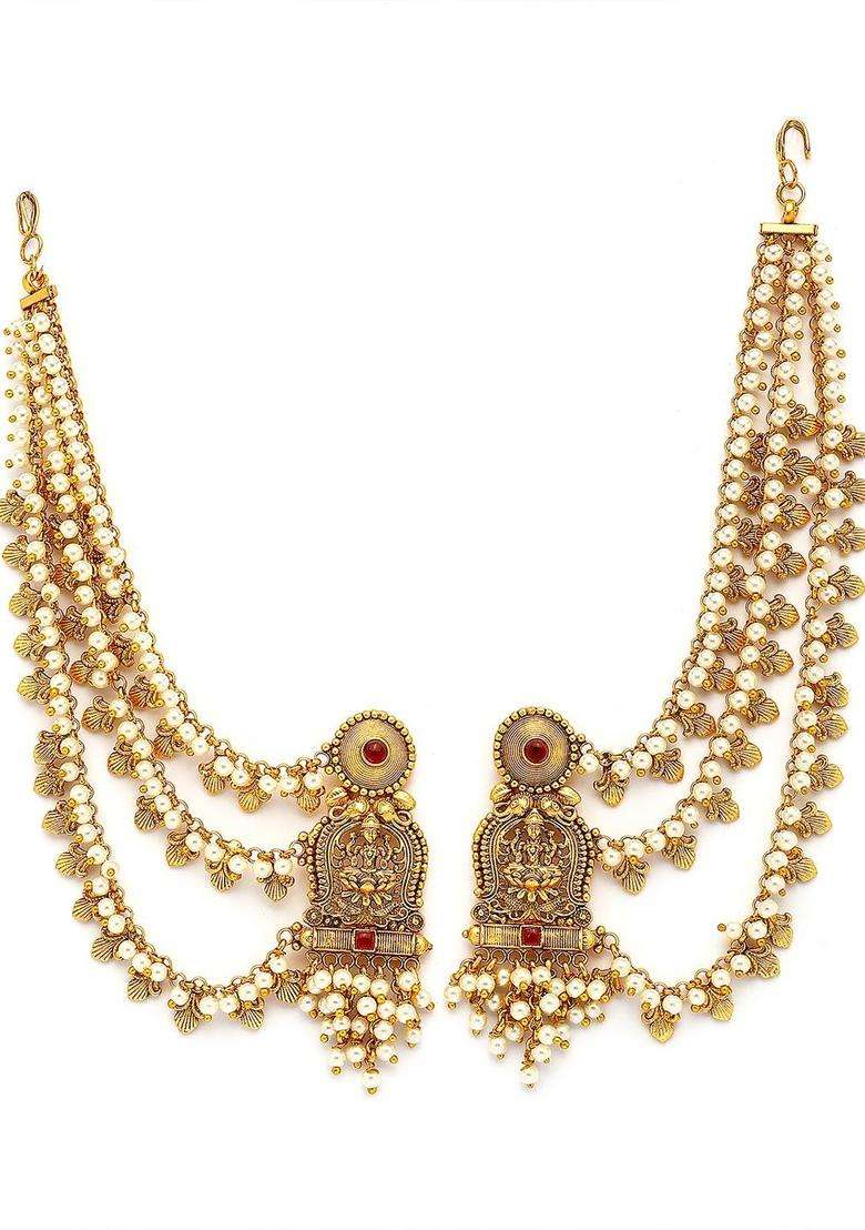Gold-Plated Contemporary Kaanchain Beaded Temple Drop Pearl Earrings for Women | Traditional Temple Jewellery for Wedding & Festive Wear | Gift for Her - Indya