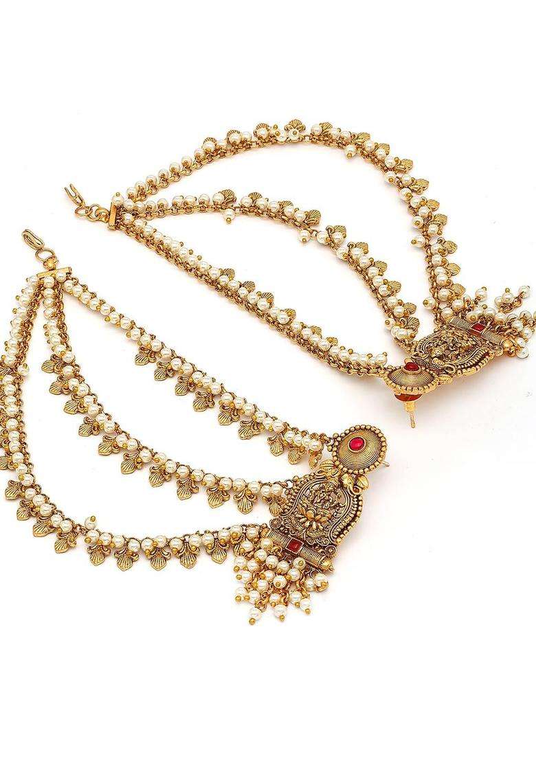 Gold-Plated Contemporary Kaanchain Beaded Temple Drop Pearl Earrings for Women | Traditional Temple Jewellery for Wedding & Festive Wear | Gift for Her - Indya