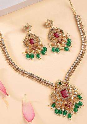 Gold-Plated AD Stones Studded Temple Necklace & Earrings Jewellery Set for Women | Traditional Temple Jewellery for Wedding & Festive Wear | Gift for Her