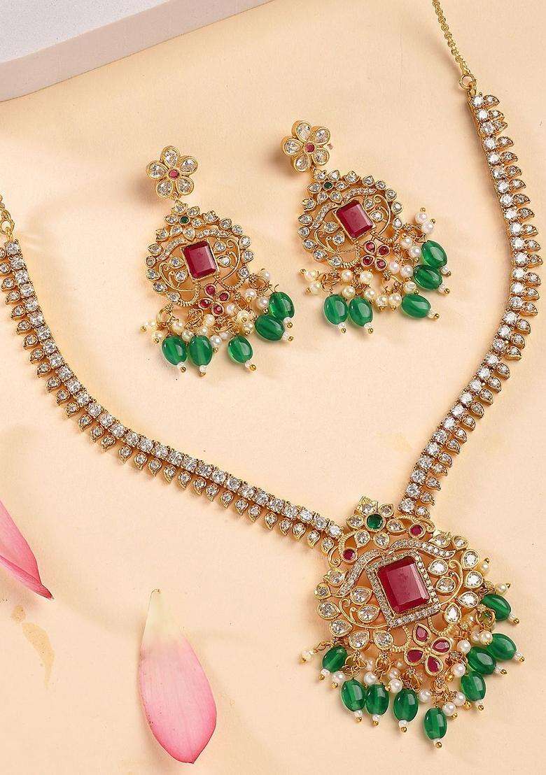 Gold-Plated AD Stones Studded Temple Necklace & Earrings Jewellery Set for Women | Traditional Temple Jewellery for Wedding & Festive Wear | Gift for Her - Indya