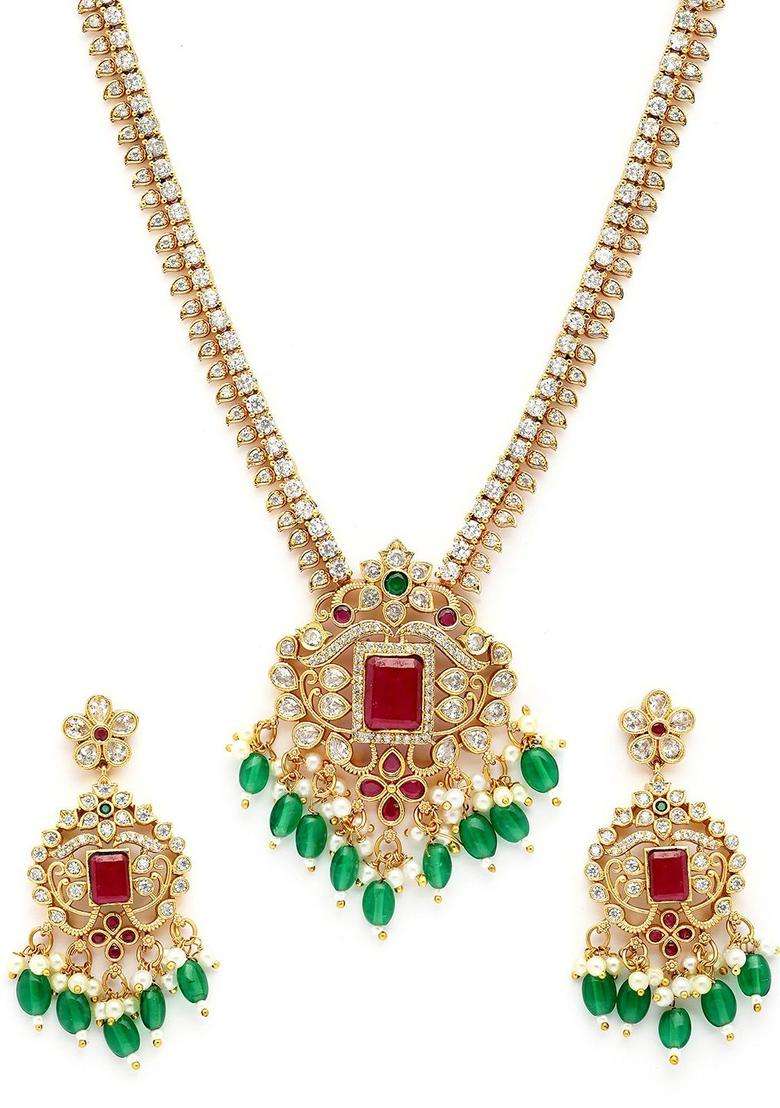 Gold-Plated AD Stones Studded Temple Necklace & Earrings Jewellery Set for Women | Traditional Temple Jewellery for Wedding & Festive Wear | Gift for Her - Indya