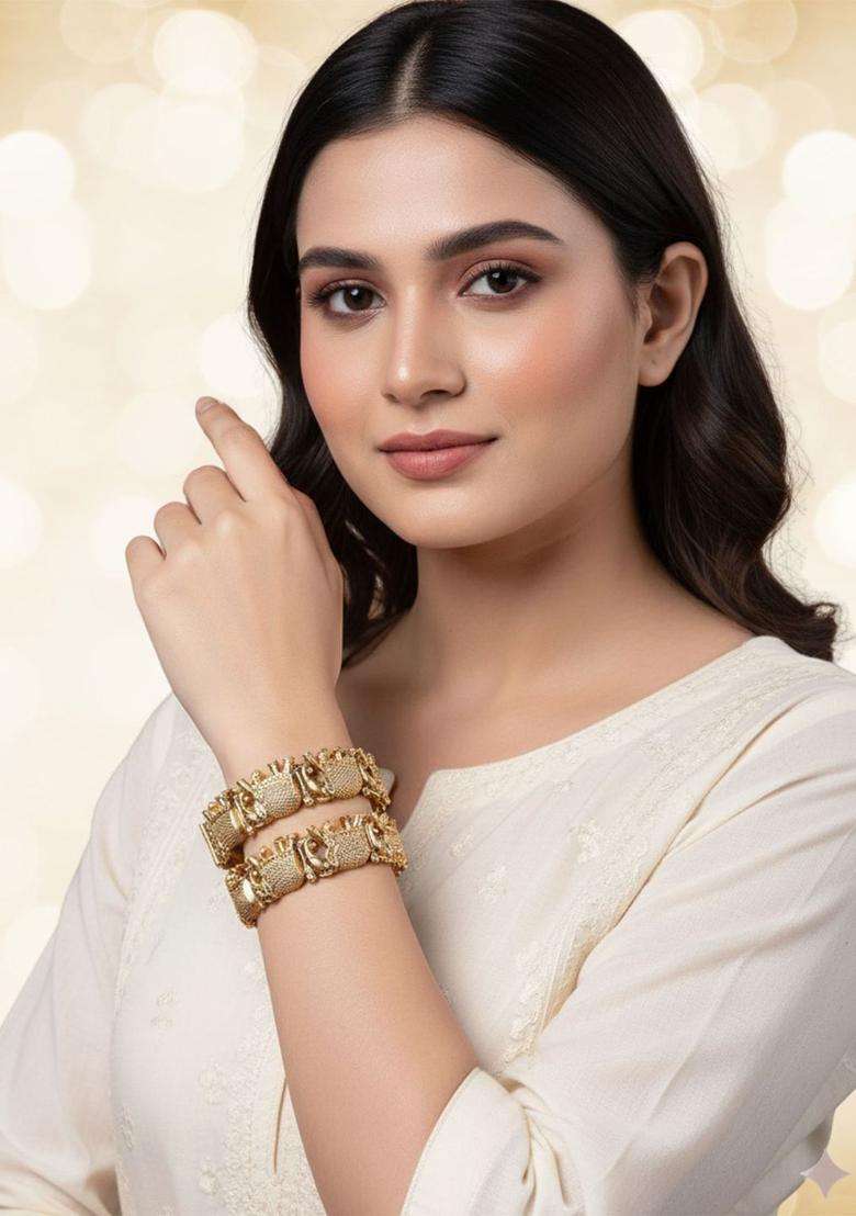 Set of 2 Gold-Plated Kundan-Studded Bangles for Women | Traditional Temple Jewellery for Wedding & Festive Wear | Gift for Her - Indya