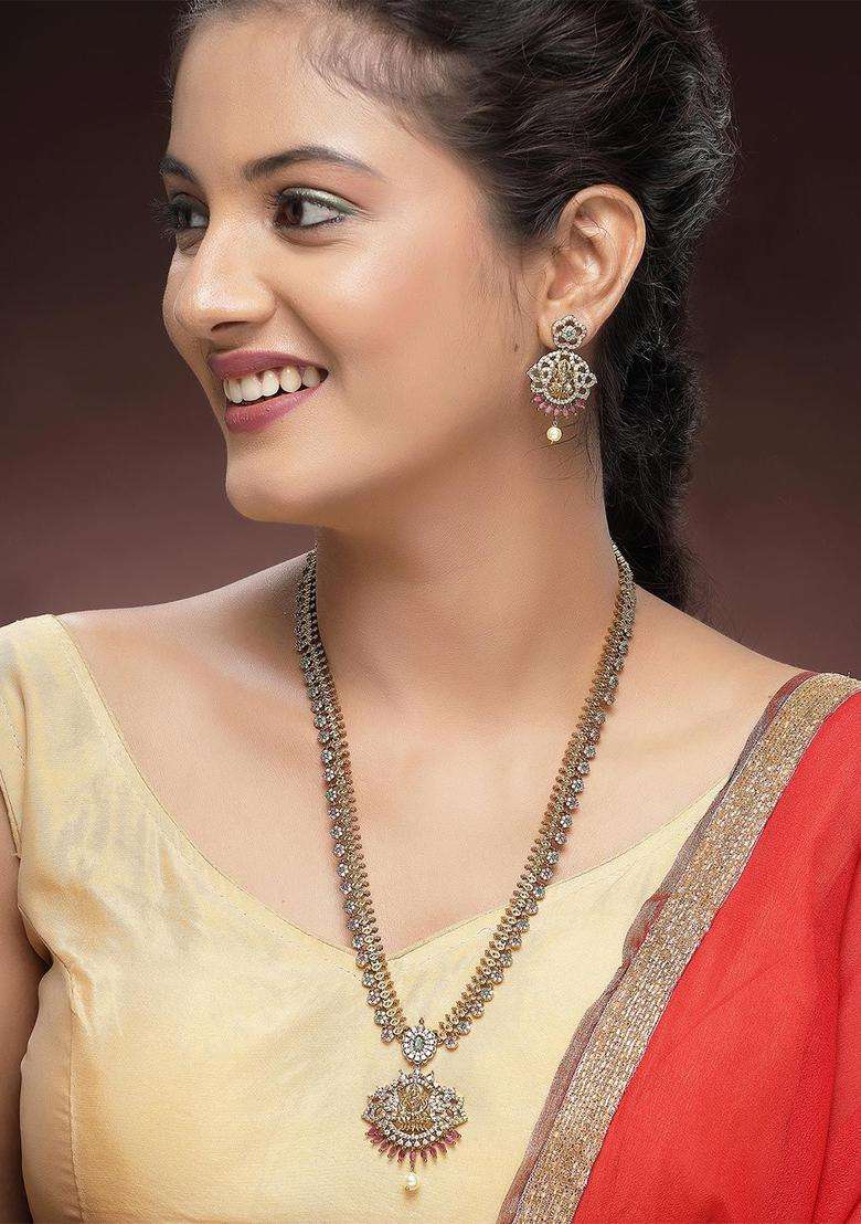 Gold-Plated Artificial Stones Studded Laxmi Mata Rani Temple Jewellery Set for Women | Traditional Temple Jewellery for Wedding & Festive Wear | Gift for Her - Indya