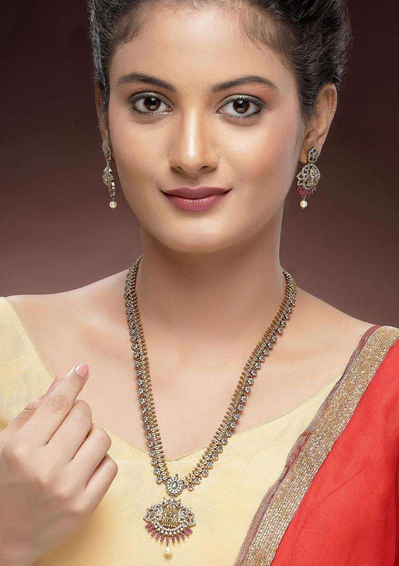 Gold-Plated Artificial Stones Studded Laxmi Mata Rani Temple Jewellery Set for Women | Traditional Temple Jewellery for Wedding & Festive Wear | Gift for Her - Indya