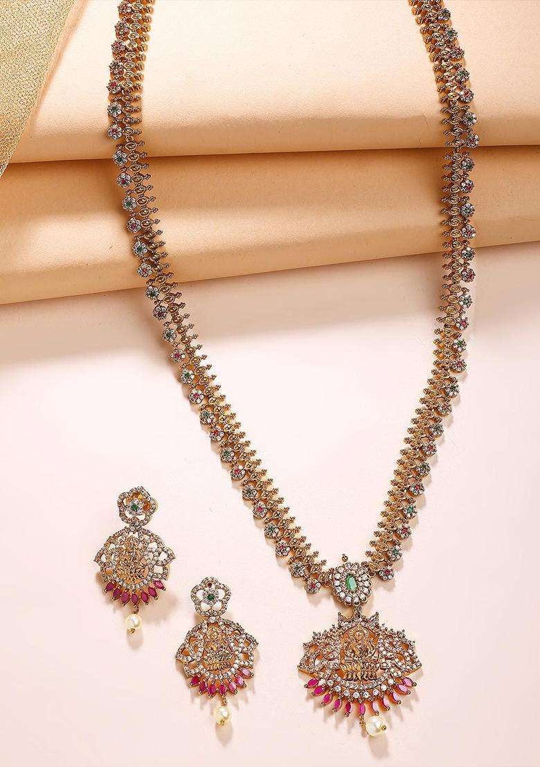 Gold-Plated Artificial Stones Studded Laxmi Mata Rani Temple Jewellery Set for Women | Traditional Temple Jewellery for Wedding & Festive Wear | Gift for Her - Indya