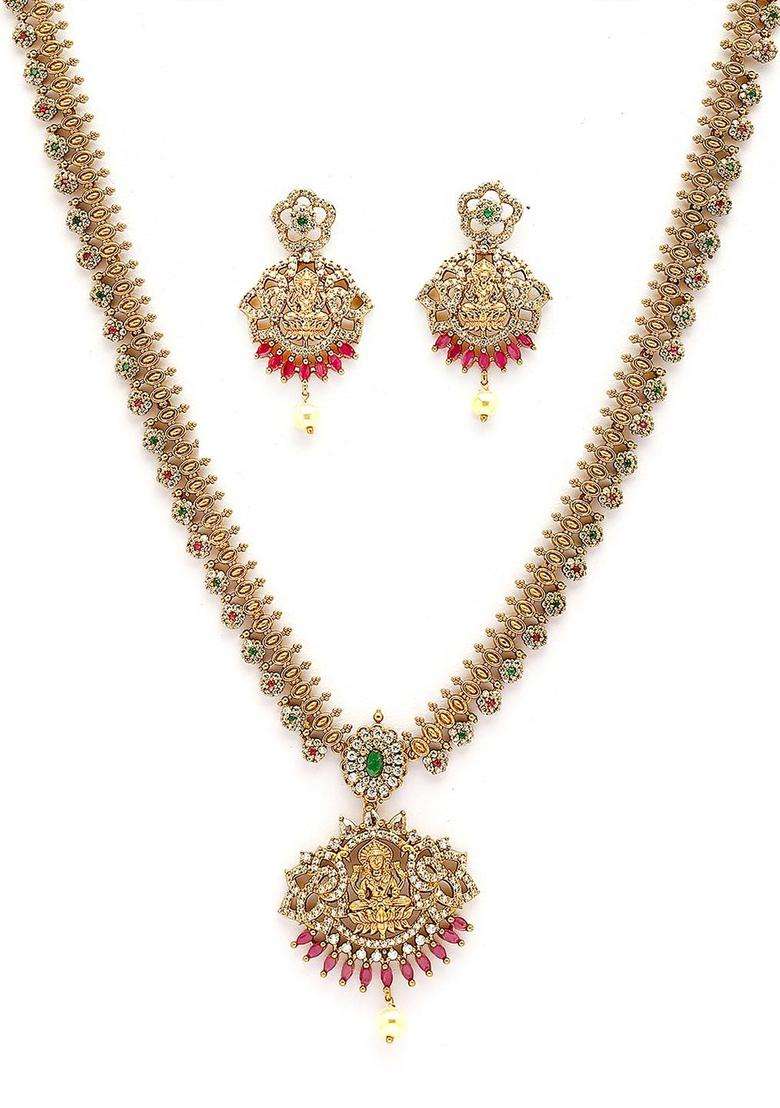 Gold-Plated Artificial Stones Studded Laxmi Mata Rani Temple Jewellery Set for Women | Traditional Temple Jewellery for Wedding & Festive Wear | Gift for Her - Indya