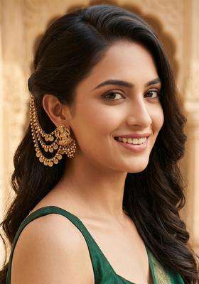 Gold-Plated Contemporary Kaanchain Temple Drop Traditional Earrings for Women | Traditional Temple Jewellery for Wedding & Festive Wear | Gift for Her