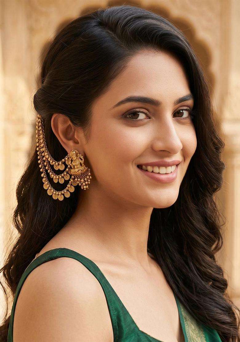 Gold-Plated Contemporary Kaanchain Temple Drop Traditional Earrings for Women | Traditional Temple Jewellery for Wedding & Festive Wear | Gift for Her - Indya