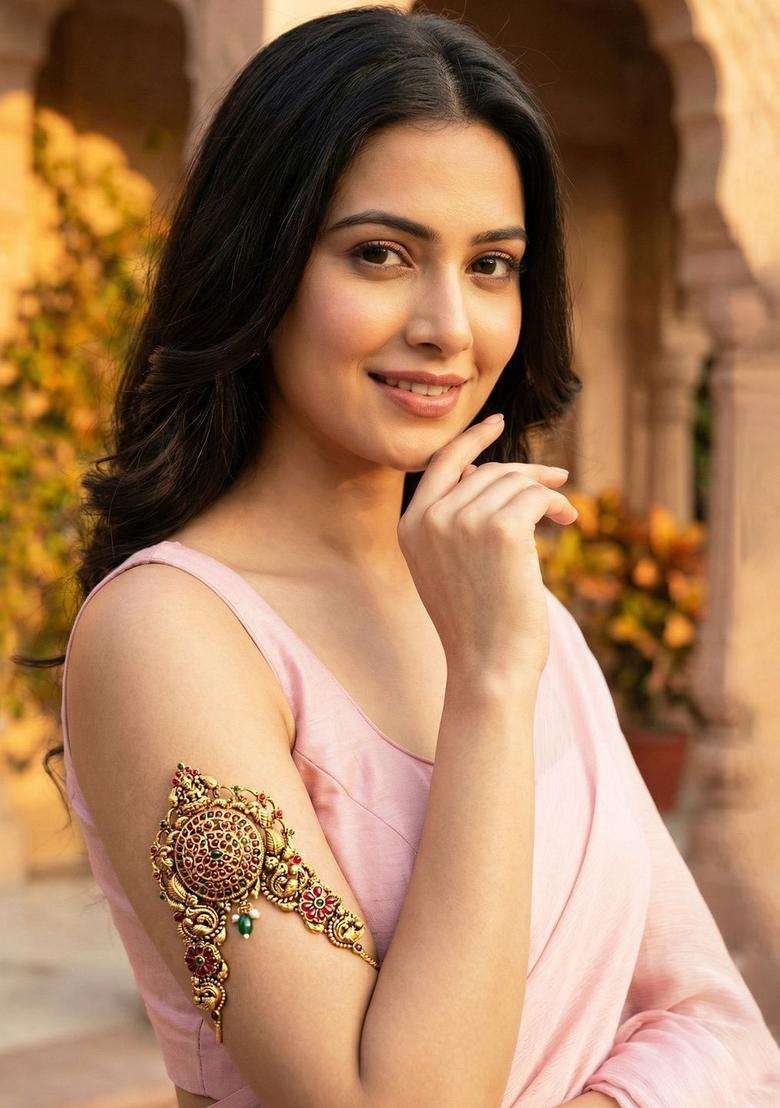 Green Gold-Plated Kundan Studded Antique Armlet Temple Bracelet for Women | Traditional Temple Jewellery for Wedding & Festive Wear | Gift for Her - Indya