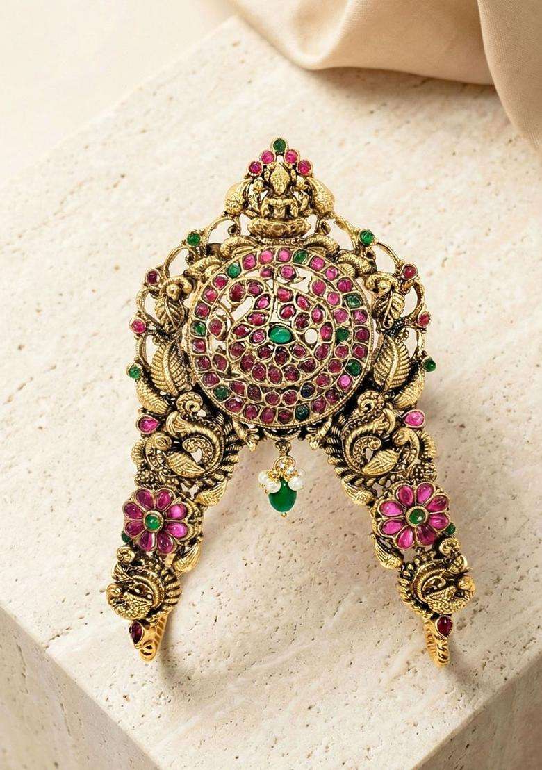 Green Gold-Plated Kundan Studded Antique Armlet Temple Bracelet for Women | Traditional Temple Jewellery for Wedding & Festive Wear | Gift for Her - Indya